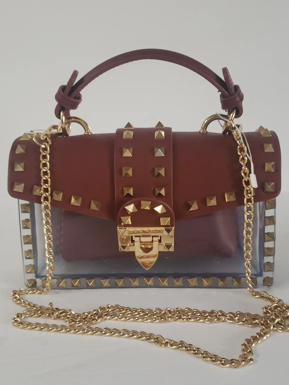 Most Wanted NWOT Cognac Brown/Clear Gold Studded Crossbody Handbag